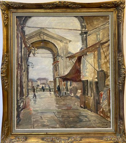 null BONA (Theodoro de) "The Rialto Bridge, Venice" (1930).布面油画，右下角有日期和签名，装在一个镀金的木框里。画框尺寸：77...