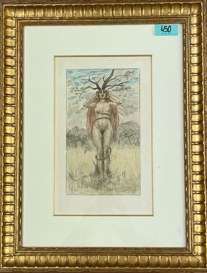 ROPS (Félicien). "Le Péché mortel"。用彩色铅笔加高的螺旋版画，装在帕斯帕特和镀金的木框下。巴黎，G. Pellet，1905年，框架尺寸：58.5...
