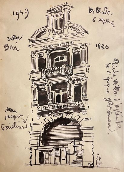 GAILLIARD (Jean-Jacques). "Borée别墅，奥斯坦德（1949）。纸上水墨，左下角有标题、日期和签名，装在垫子和木框下。框架尺寸：45,5...