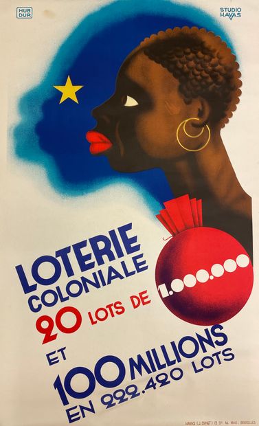 DUPOND (Hubert). "Loterie coloniale" (1934). Lithographie en couleurs. Brux., Havas,...