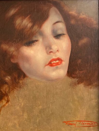 THOMAS (Henri). "一个红头发的女人的画像。油画，右下角有签名，装在一个镀金的木框里。画框尺寸：54 x 46厘米；主题：33,5 x 25厘米（...