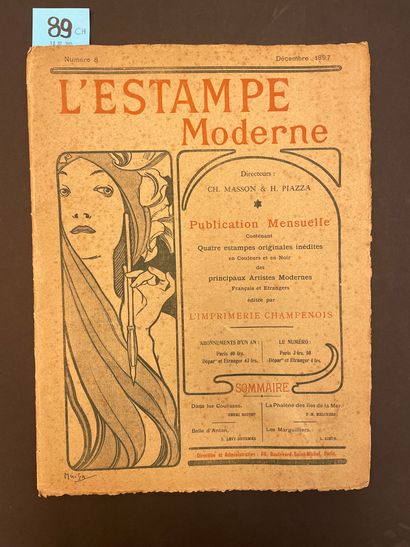 null "现代印刷品。N° 8.P.，L'Imprimerie Champenois，1897年12月，双开本，单页，封面由Mucha绘制（封面缝合）。第一版包括3幅石版画（共4幅）：F.-M....