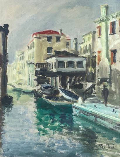 null ROLLI (B. de) "威尼斯，一条运河"。布面油画，右下角有签名，装在帕斯帕特和镀金的木框下。框架尺寸：78 x 63厘米；主题：65 x 5...