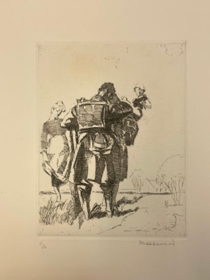 MASSONET (Armand). "1914-1918".一套10幅黑色蚀刻画，印在编织纸上，全部在50份上进行了公证，并有铅笔签名。媒体尺寸：（10 x）45...
