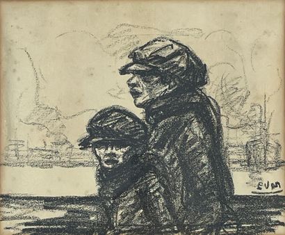 VAN MIEGHEM (Eugène). "港口上的渔夫和他的儿子"。黑色石版画，装在垫子和银色木框下。画框尺寸：44 x 50厘米；主题：29 x 35厘米...