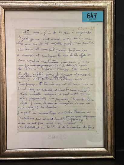 CHAISSAC (Gaston). 签名的亲笔信，日期为1961年10月22日，写给一位 "亲爱的朋友"。1张正反面4°，装在一个木框里。在这封信中，艺术家谈到了他的一件作品的变质："这种新的烦恼对我来说只能是一种有害的冲击，比失去这些物品要大得多"；他谈到了他的最新创作："我最近一直在画布上作画。这些画中有几幅被一位伟大的收藏家认为是好的和完成的，尽管画的轮廓不是我通常的方式，而且有时出现地层的白色。最后，他在信的结尾处写下了一个带有两个小数字的后记："最好的解决办法是我到意大利去画画。愿我的下一次展览在意外中更加丰富"。Gaston...