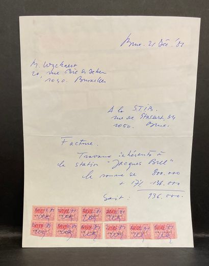WYCKAERT (Maurice). 发给STIB的布鲁塞尔Jacques Brel地铁站固有工程的发票。日期为 "1981年12月 "的手写信件，有33枚财...