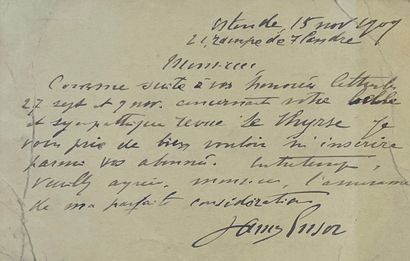 ENSOR (James). 寄给艺术杂志 "Le Thyrse "负责人Léopold Rosy的明信片，日期为 "Ostend, 15 November 1909"。恩索尔要求被列入...