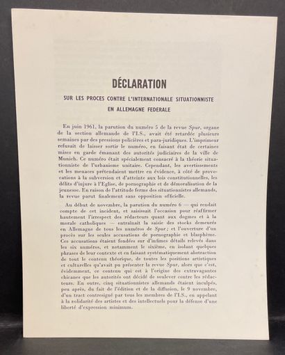 Internationale Situationniste.- "关于在联邦德国对形势主义国际进行审判的声明"。P., I.S., 1962年，1张4页，白纸黑...