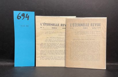 null [ELUARD] - "L'Eternelle Revue"。[P., La Jeune Parque], 1944年6月和7月，2册，16页中的16页，单张，排版封面（第二期的书脊裂开）。极为罕见的...