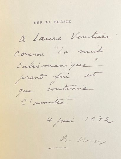 CHAR (René). 关于诗歌。P., GLM, 1967, in-12, br.部分初版，印数998份，编号1/968，Fleur d'alfa，另有邮件："致劳罗-文图里[纪录片导演，专注于艺术领域，1923-2010]/作为《La...