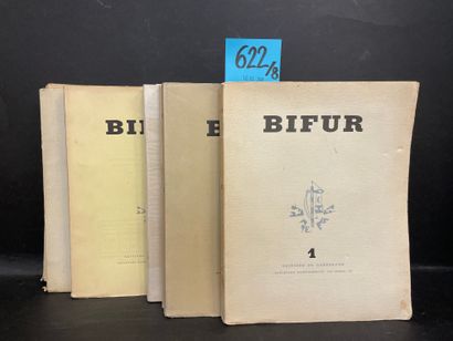 "Bifur". 从第1号（1929年5月）到第8号也是最后一个（1930年6月）。P., Éditions du Carrefour, 8卷。4°, br. (书脊有斑点，边缘有轻微的湿润(第1号)，几页有大的湿润(第6号)，小角度的灰色污点(第7号)，一些浅色的散乱的红斑)。在Lafuma-Navarre上编号的第一版。罕见的全集。在文字或插图的贡献者中，我们发现：Cendrars,...