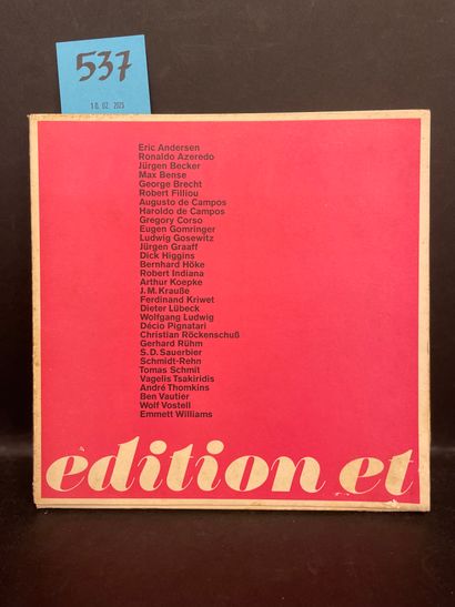 null "版本等"。N° 1.柏林，Christian Grützmacher，1966年，8°正方形，叶子，出版商的文件夹，有盖子。第一版，发行量为+/-1000册。这本具有里程碑意义的出版物的第一期，介绍了20世纪60年代最杰出的艺术家的具体和视觉诗歌：布莱希特、菲利欧、希金斯、印第安纳、克里韦特、汤金斯、本-沃蒂尔、沃斯特尔等人。布莱希特和菲利欧的作品以及绍尔比耶和戈塞维茨的作品都是合作作品。不常见（Robert...
