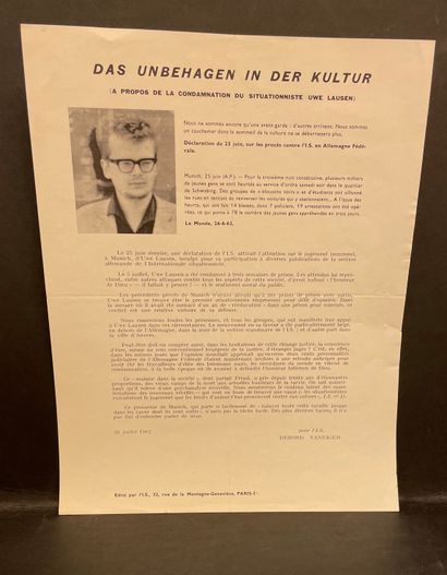 Internationale Situationniste.- "Das unbehagen in der Kultur".用法语书写的小册子，由居伊-德波和拉乌尔-瓦尼格姆签署，并附有乌韦-劳森的照片。P.，I.S.，1962年7月，27...
