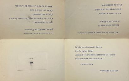null 杜尚-HUGNET（乔治）。马塞尔-杜尚。[P.], Georges Hugnet, 1941, 1页。4页折叠两次，形成一个8页的长方形12页小册子，在封面上粘贴了一个小模版（没有小胡子的蒙娜丽莎，由杜尚创作），下面印有...