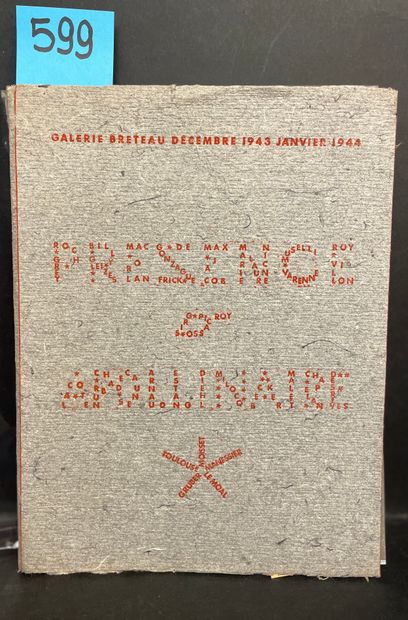 [APOLLINAIRE]. 阿波利奈尔的存在。P.，René Breteau画廊，1943年，小4°，36页，单页，封面印在灰色的奥弗涅纸上（赤褐色和棕色）。1943年12月至1944年1月，在诗人逝世25周年之际举办的这个向阿波利奈尔致敬的展览的目录第一版。包括Pierre...