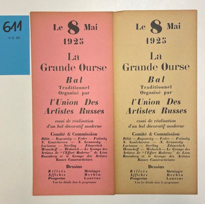 AVANT-GARDE RUSSE.- "北斗七星"。内部海报。P.，俄罗斯艺术家联盟，1925年5月8日，2张4英寸（31 × 14厘米）。奶油色和粉红色纸张...