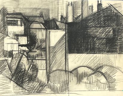 VAN ANDERLECHT (Englebert). "构成"（1954年）。纸上炭笔，装在垫子和黑色木框下。框架尺寸：62.5 x 76厘米；主题：48 x...
