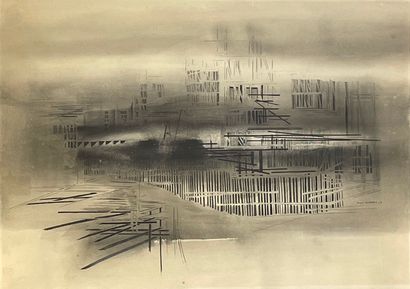 DUDANT (Roger). "风景"（1987）。纸上水彩和墨水，右下角有日期和签名，装在黑色垫子和银色铝框中。框架尺寸：73 x 94厘米；主题：54,5...