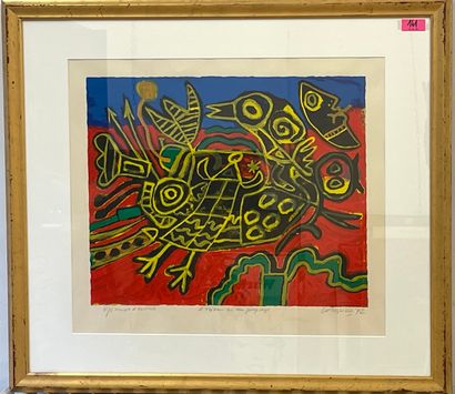 CORNEILLE (C. van Beverloo, dit). "风景中诞生的鸟"（1992）。彩色石版画，有标题，日期，只是。E.A.，并用铅笔签名，装在一个垫子和镀金的木框中。框架尺寸：86...