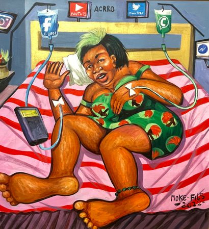 null MOKE SON. "Social Networking Addict" (2022). Oil on canvas, dated and signed...