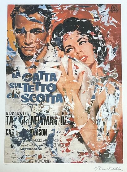 ROTELLA (Mimmo). "La Gatta sul tetto che scotto"。彩色胶印，只是。P.A.，用银色毡尖笔签名，安装在垫子和木框下。画框尺寸：83.5...