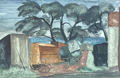 null DE KEYSER (Adrien)."La Hulpe的车》（1942年）。纸上水粉画，右下角有日期和签名，装在垫子和木框下。框架尺寸：35 x 45厘米；主题：19...