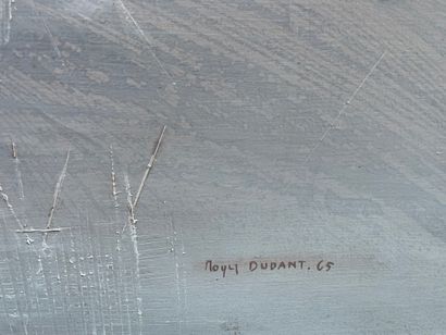 DUDANT (Roger). "构成"（1965年）。布面油画，有日期，右下角有签名，装在一个白色的美国木盒里。框架尺寸：58 x 84.5厘米；主题：54 x...