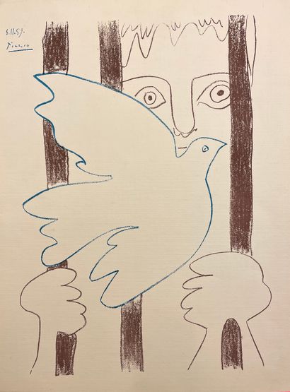 PICASSO (d'après Pablo). "蓝鸽子在栏杆前飞翔"。彩色石版画，印在厚纸上。支架和主题的尺寸：50 x 37厘米。