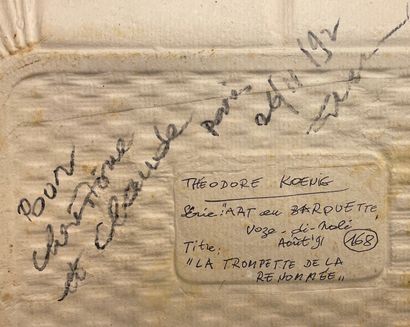 KOENIG (Théodore). "托盘中的艺术"（1991年）。纸板上的拼贴画，用铅笔写上日期、题词和签名，来自 "Art en barquette "系列。支持物和主题的尺寸：22,5...