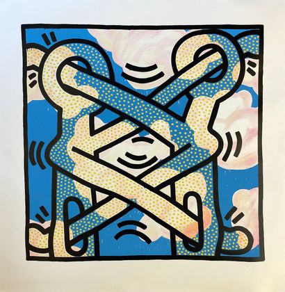 HARING (Keith). Untitled. Lithograph in colors printed on strong paper, mounted in...