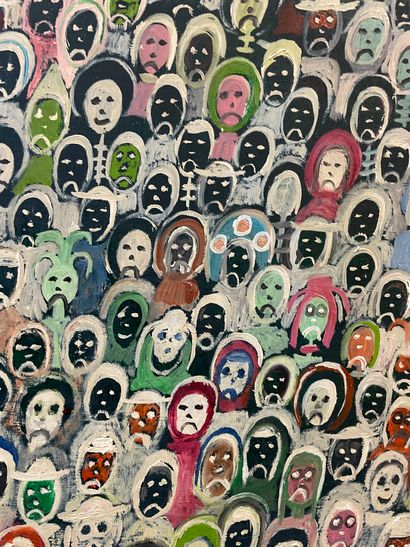 COULON (Berthe). "黑色的人群"（1972年）。油画在面板上，右下角有日期和签名。尺寸：105 x 80厘米（上部材料略有损失）。Berthe Coulon在60岁时开始绘画，在10年内画了大约300幅画。她的风格接近于天真烂漫的绘画。她的作品通常由人群组成，这些人群似乎被一种神秘的起伏带走了。贝尔特-库隆是一位音乐会钢琴家，对公众有一种无名的恐惧；她的绘画是驱除这种恐惧的一种方式。她的灵感也来自斗牛场、大教堂、Eddy...