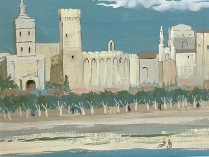 null DE KEYSER (Adrien)."教皇的宫殿》（1949年）。纸上水粉画，右下角有日期和签名，装在垫子和木框下。框架尺寸：27 x 37厘米；主题：20...