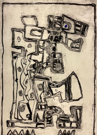 SOISSON (Jacques). "The Energumene"（1991）。纬线纸上的黑色石版画，有日期，只是4/20，并有铅笔签名。支架和主题的尺寸：61.5...