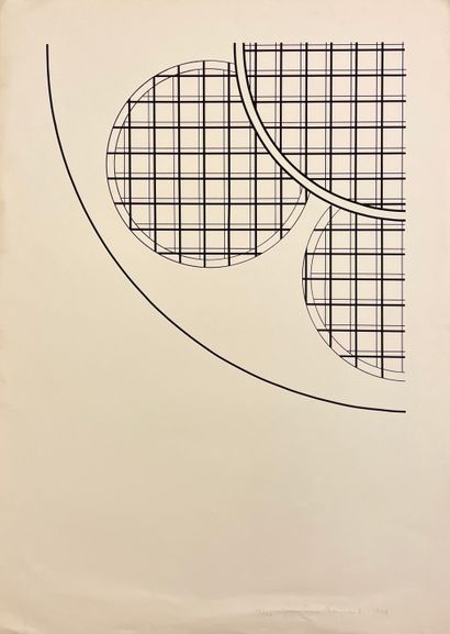 RAYNAUD (Jean-Pierre). "Noirlac修道院的彩色玻璃窗（1978年）。黑色绢印在Arches羊皮纸上，有日期，只是49/70，并有铅笔签名。支持物和主题的尺寸：105...