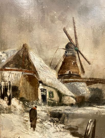 VAN LINT (Louis). "Snowy Landscape with Mill". Oil on panel, signed on the lower...
