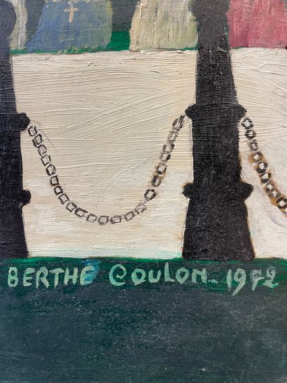 COULON (Berthe). "黑色的人群"（1972年）。油画在面板上，右下角有日期和签名。尺寸：105 x 80厘米（上部材料略有损失）。Berthe Coulon在60岁时开始绘画，在10年内画了大约300幅画。她的风格接近于天真烂漫的绘画。她的作品通常由人群组成，这些人群似乎被一种神秘的起伏带走了。贝尔特-库隆是一位音乐会钢琴家，对公众有一种无名的恐惧；她的绘画是驱除这种恐惧的一种方式。她的灵感也来自斗牛场、大教堂、Eddy...