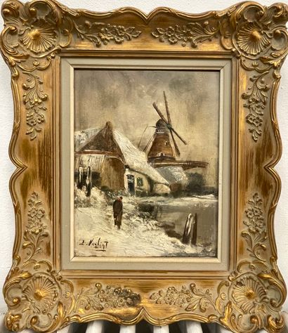 VAN LINT (Louis). "有磨坊的雪景"。油画，右下角有签名，装在一个镀金的模制木框里。画框尺寸：46 x 40厘米；主题：29 x 22.5厘米（...