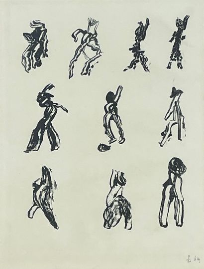 MICHAUX (Henri). "10 characters". Lithograph in black printed on vellum, just. 9/30...