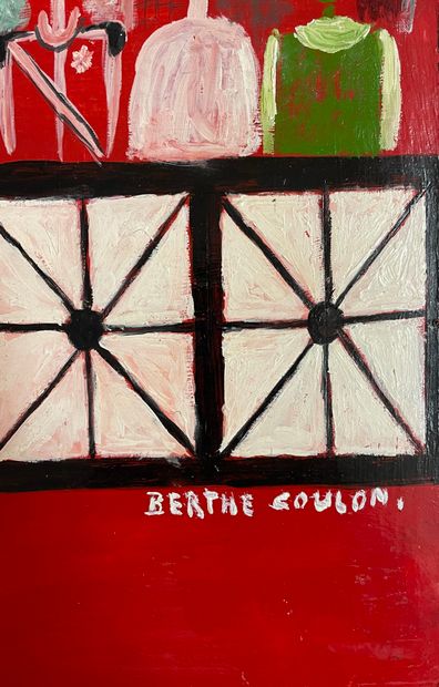 COULON (Berthe). "红色的人群"。面板油画，右下角有日期和签名。尺寸：105 x 80厘米。