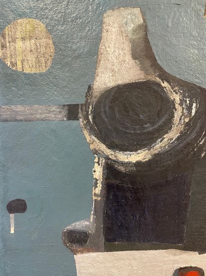 WARRAND (Marcel). "Engine" (1957). Oil on panel, titled, dated and signed on the...