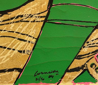 CORNEILLE (C. van Beverloo, dit). "绿女人和金鸟"（1994年）。画布上的手绘，日期为71/90，用黑色毡笔签名。支架尺寸：96...
