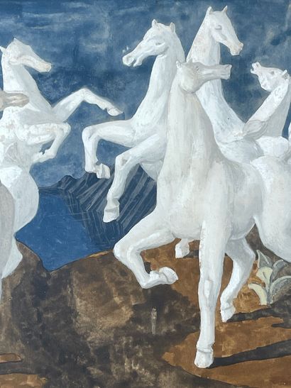 DOBRZYCKI (Zygmunt). "马，挂毯的研究"（1944年）。纸上水粉画，左下角有日期和签名，装在一个木框里。框架尺寸：29.5 x 35厘米；主题：23.5...