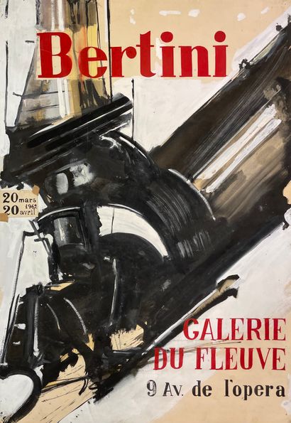 BERTINI (Gianni). "构成"（1962年）。纸上水粉画，作为他1962年在巴黎Galerie du Fleuve展览的海报项目。支持物和主题的尺寸：74.5...