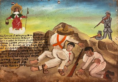 null Mexican school. "In combat" (1914). Ex Voto. Oil on sheet metal with text of...