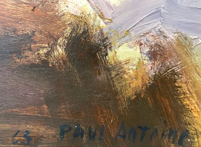 ANTOINE (Paul). "组成"（1963年）。布面油画，右下角有日期和签名，安装在一个木质框架中。框架尺寸：56 x 66厘米；主题：54 x 64厘...