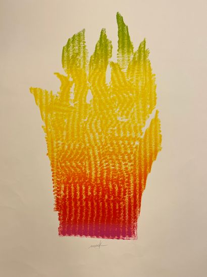 null MACK（海因茨）。"Flammenhand"（1981年）。纬线纸上的黑色石版画，仅有58/195，并有铅笔签名。底座尺寸：106 x 78.5厘米；主题：67.5...