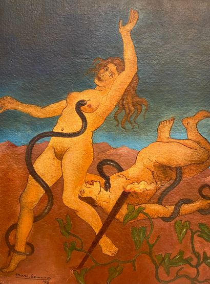 EEMANS (Marc). "亚当和夏娃"（1956）。纸上油画，粘贴在面板上，左下角有标题、日期和签名。支持物和主题的尺寸：32.5 x 25.5厘米（边缘...