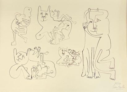 CAILLE (Pierre). "野兽和人"。包含12幅石板画的作品集，所有作品都是用铅笔签名的，都是有理由的。限量发行100份。支持和主题的尺寸：（12 x）31...