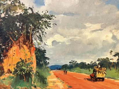 null MARQUES (Guilherme). "Chemin animé en Afrique" (1940). Huile sur panneau, datée...